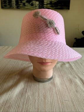 Chic Pink Bucket Hat with Silver Rhinestone Beaded Floral Accent